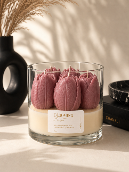 Lumiere Tulip Theme Scented Soy Wax Candle 25 oz for Home Decor Paraffin-Free Non-Toxic